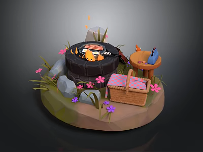 Cozy Outdoor Picnic Setup With Campfire Picnic Basket Wooden Chair Flowers And Stones 3d model