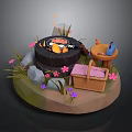 Cozy Outdoor Picnic Setup With Campfire Picnic Basket Wooden Chair Flowers And Stones