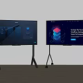 Two Smart TVs on Stands Display Dark Interface Icons and Blue Layered Graphics Text 3d model