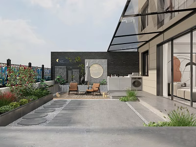 Modern Rooftop Garden Design With Lush Greenery Outdoor Seating And Paved Pathway 3d model