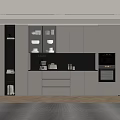 Modern Kitchen Wine Cabinet With Sleek White Cabinets Black Backsplash And Tableware 3d model