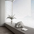 Modern Window Area With Venetian Blinds Bench Plush Bear Book And Vase Plants