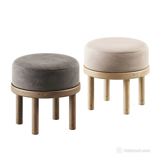 Modern Round Upholstered Stools In Gray And Beige With Wooden Legs 3d model 