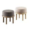 Modern Round Upholstered Stools In Gray And Beige With Wooden Legs