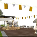 Outdoor Night Party Setup With Tents String Lights Flags Tables Chairs And Japanese Signs