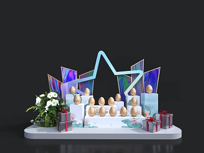 Colorful Display Stand With Eggs On Stepped Platform White Flowers Red Gifts And Geometric Decor 3d model