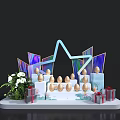 Colorful Display Stand With Eggs On Stepped Platform White Flowers Red Gifts And Geometric Decor