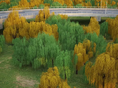Green and yellow trees along road with bridge and grassland landscape 3d model