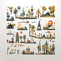 Rustic Style Floral Display with Trees Houses Tents Sun and Clouds Illustration Design