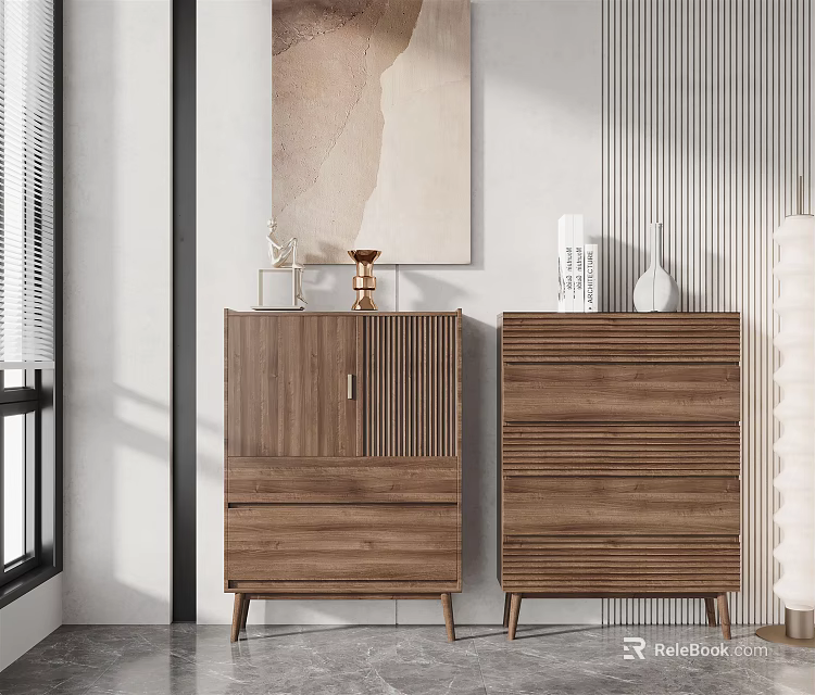 Entryway and Side Cabinet with Walnut Striped Design Drawers Decorative Vase Against Striped Wall 3d model 