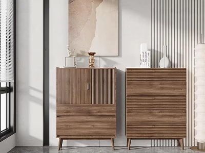 Entryway and Side Cabinet with Walnut Striped Design Drawers Decorative Vase Against Striped Wall 3d model