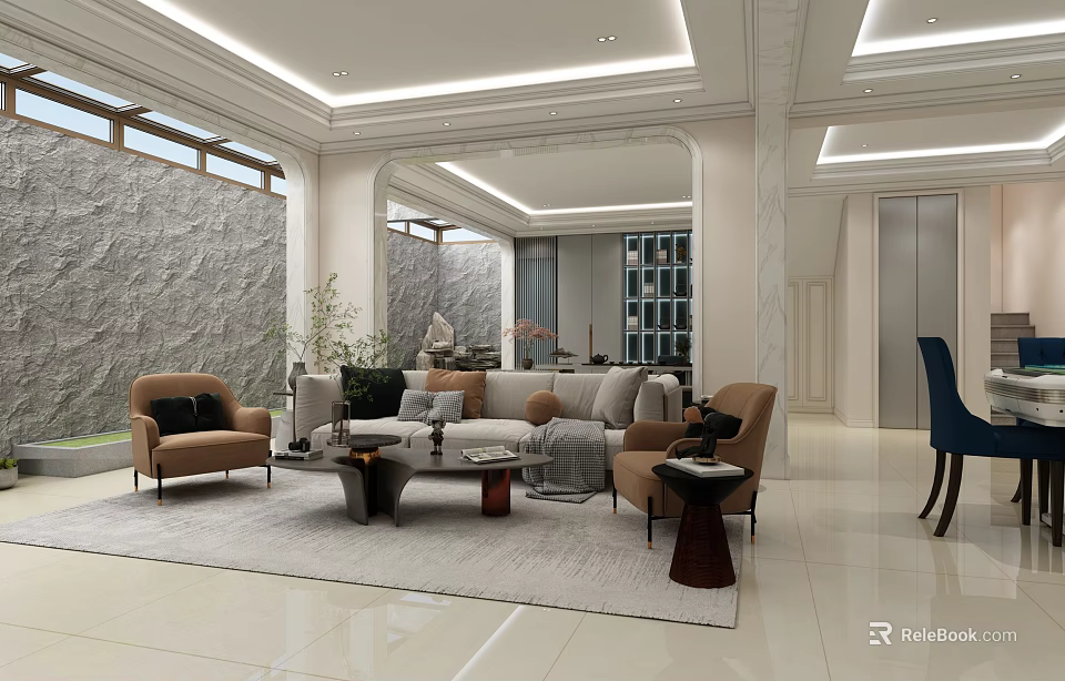 Elegant Modern Living Room Interior With Sofa Armchairs Coffee Table Area Rug And Stone Wall 3d model 