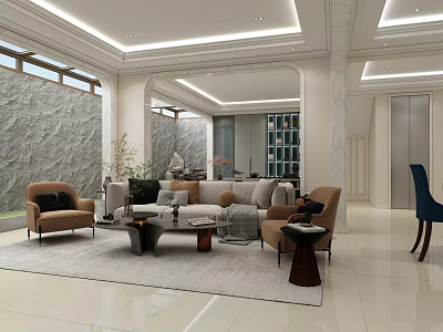 Elegant Modern Living Room Interior With Sofa Armchairs Coffee Table Area Rug And Stone Wall 3d model