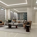 Elegant Modern Living Room Interior With Sofa Armchairs Coffee Table Area Rug And Stone Wall