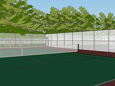 Outdoor Tennis Court With Green Surface White Fence And Trees For Fitness 3d model