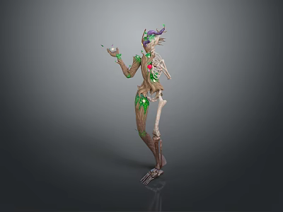 Fantasy Plant Skeleton Hybrid Character Standing With Green Vines And Purple Flowers 3d model