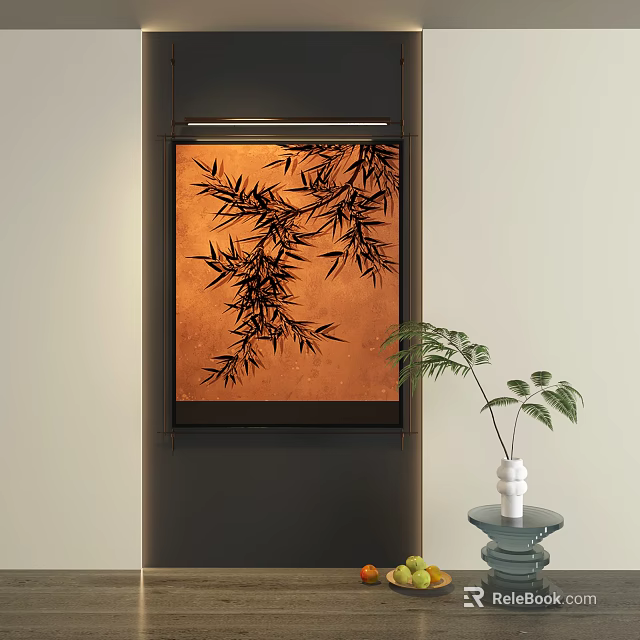 Landscape Painting With Black Bamboo Silhouette On Orange Background Hanging Indoor With Potted Plant 3d model 