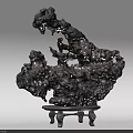 Decorative Stone Ornament With Holes And Small Horse On Wooden Stand Base