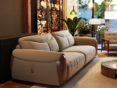 Cozy Living Room Interior Design With Beige Sofa Wooden Armrests Armchair Rug And Green Plants 3d model