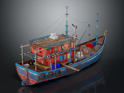 Traditional Blue Red Wooden Fishing Boat With Cabin Masts Ropes Lifebuoys On Deck 3d model