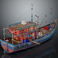 Traditional Blue Red Wooden Fishing Boat With Cabin Masts Ropes Lifebuoys On Deck
