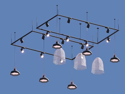 Modern Hanging Chandelier Design With Various Shaped Lampshades And Metal Frames On Ceiling 3d model