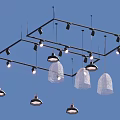 Modern Hanging Chandelier Design With Various Shaped Lampshades And Metal Frames On Ceiling