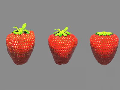 Three Fresh Red Strawberries With Green Leaves On Gray Background 3d model