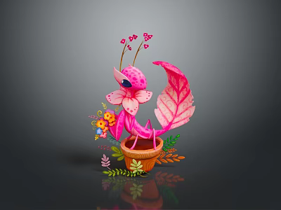 Colorful Mantis Shaped Plant With Pink Leaves Brown Pot Small Flowers And Green Leaves 3d model