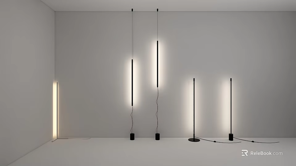 Illuminated Long Strip Lighting Fixtures Hanging And Floor Standing With Black Base In White Room 3d model 