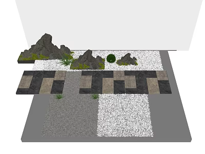 Garden Decorative Arrangement With Rock Formations Green Sphere Stone Pathways Gravel Areas And Small Plants 3d model