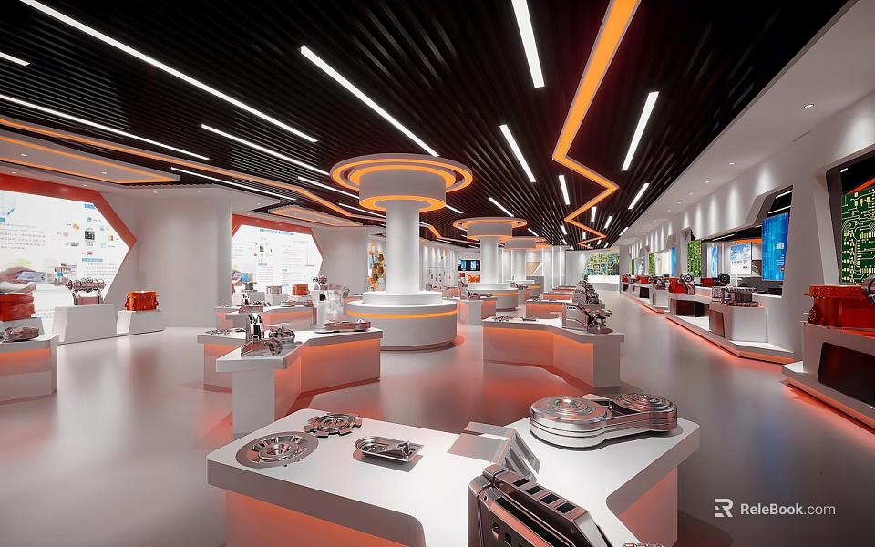 Modern Exhibition Hall Interior Design With Display Stands And Lighting Layout 3d model 