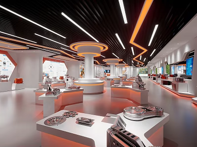 Modern Exhibition Hall Interior Design With Display Stands And Lighting Layout 3d model