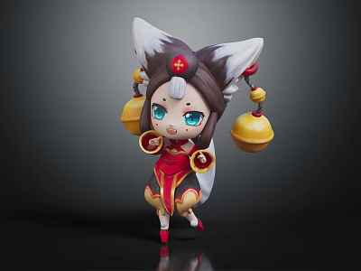 Cute Chibi Fox Character With White Ears Red Outfit And Bell Decorations 3d model