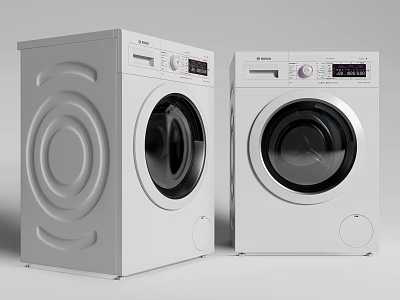 Two White Front Loading Washing Machines Side By Side Display Design 3d model
