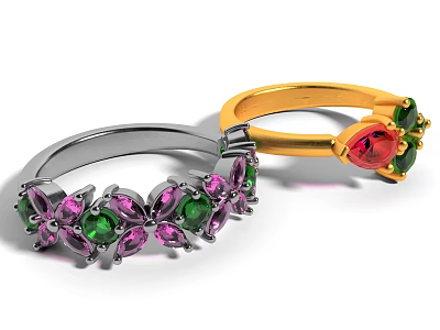 Gold And Silver Rings With Flower Design Featuring Red Green And Pink Gemstones 3d model