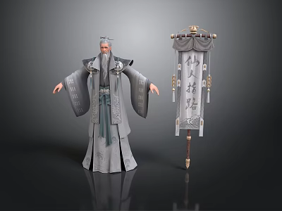 Ancient Man In Elegant Traditional Robe Standing By Poet's Words Banner 3d model