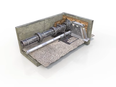 Industrial Equipment Installation In Concrete Enclosure With Mechanical Pipes And Gears 3d model