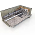 Industrial Equipment Installation In Concrete Enclosure With Mechanical Pipes And Gears