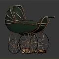 Vintage Green Baby Stroller With Metal Frame And Decorative Spoked Wheels