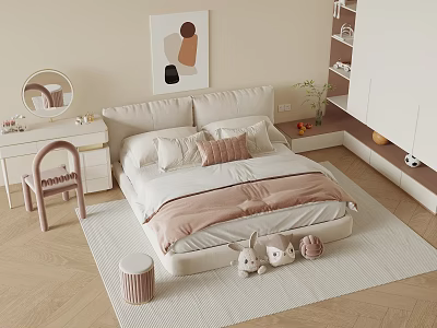 Modern Cozy Double Bed Bedroom Interior With Pink Bedding Plush Toys And Decorative Painting 3d model