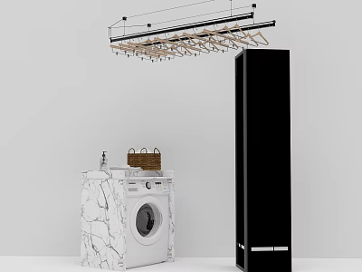 Modern Laundry Room Design With Washing Machine Marble Countertop Black Cabinet And Ceiling Rack 3d model