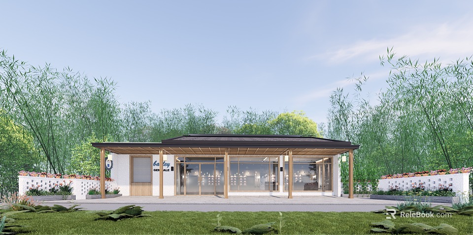 Modern Natural Entrance Gate With Wooden Roof Glass Doors And Surrounding Green Trees 3d model 