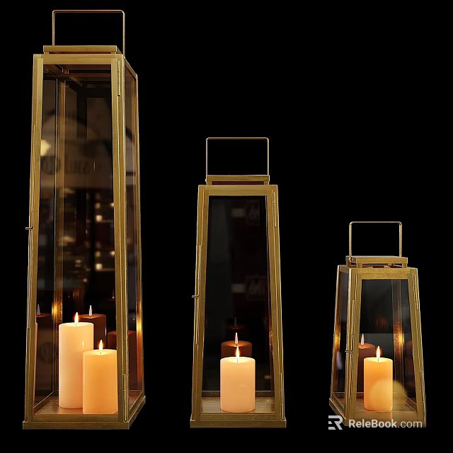 Elegant Golden Glass Lantern Wall Decor With Burning Candles and Metal Frame 3d model 