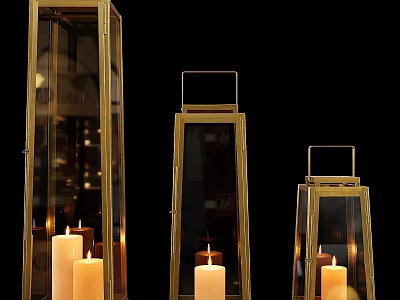 Elegant Golden Glass Lantern Wall Decor With Burning Candles and Metal Frame 3d model