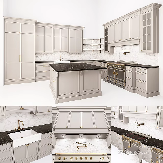 Modern White Kitchen Cabinets With Black Countertop And Island Interior Design 3d model 