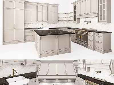 Modern White Kitchen Cabinets With Black Countertop And Island Interior Design 3d model