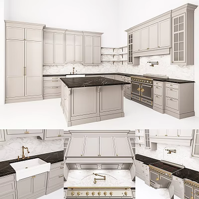 Modern White Kitchen Cabinets With Black Countertop And Island Interior Design 3d model