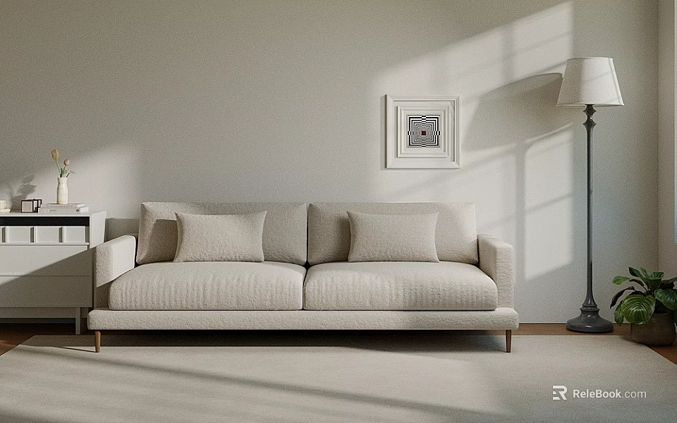 Cozy Minimalist Modern Light Beige Sofa Set With Floor Lamp Wall Art And Natural Light 3d model 