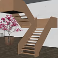 Wooden Stairs With Small Tree Red Flowers In Wooden Planter Against White Wall Wooden Floor